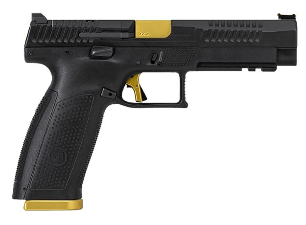 Picture of CZ-USA 95180 P-10 F Competition-Ready 9mm Luger 5" 19+1 Overall Black Finish with Inside Railed Steel with Optic Cut Slide, Polymer Grip, Gold Accents & Picatinny Rail