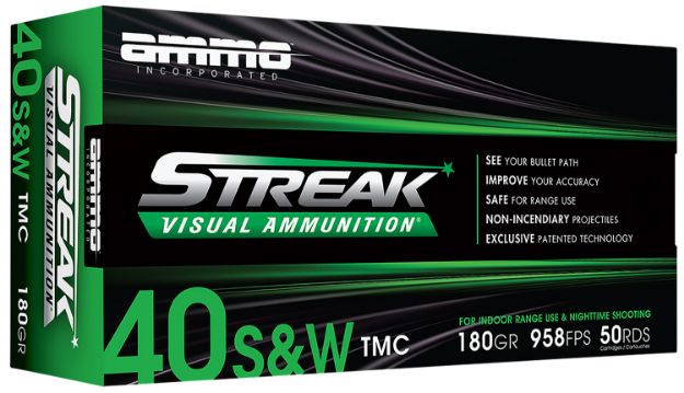 Picture of Ammo Inc 40180TMCSTRKGRN50 Streak Visual (GREEN)  40S&W 180gr Total Metal Case 50 Per Box/20 Case