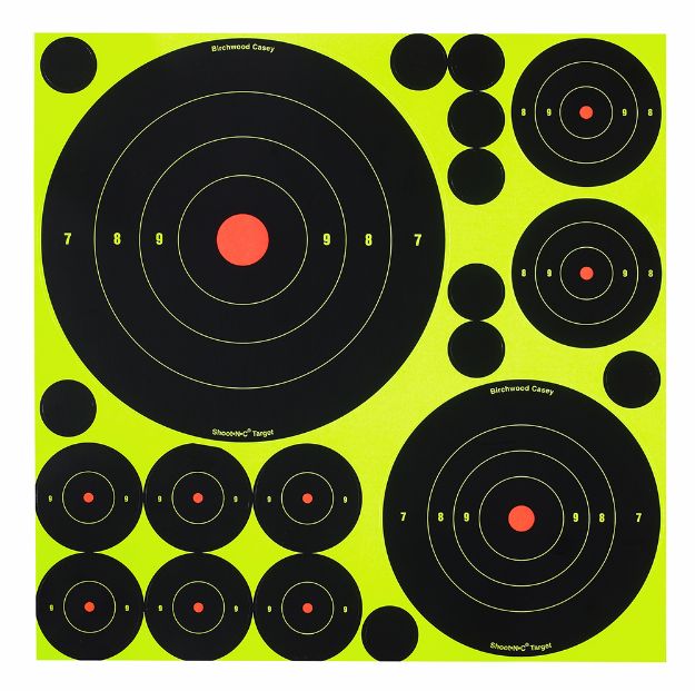 Picture of Birchwood Casey 34018 Shoot-N-C Reactive Target Variety Pack Self-Adhesive Paper Black/Yellow Bullseye 50 Pack