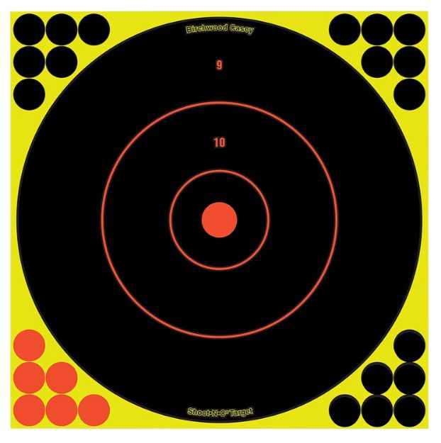 Picture of Birchwood Casey 34050 Shoot-N-C Reactive Target Self-Adhesive Paper Black/Yellow/Red 12" Bullseye 50 Pack