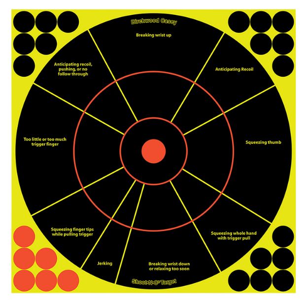 Picture of Birchwood Casey 34075 Shoot-N-C Reactive Target Self-Adhesive Paper Black/Yellow/Red 12" Bullseye 50 Pack *Worn, Damaged Pkg/Bagged