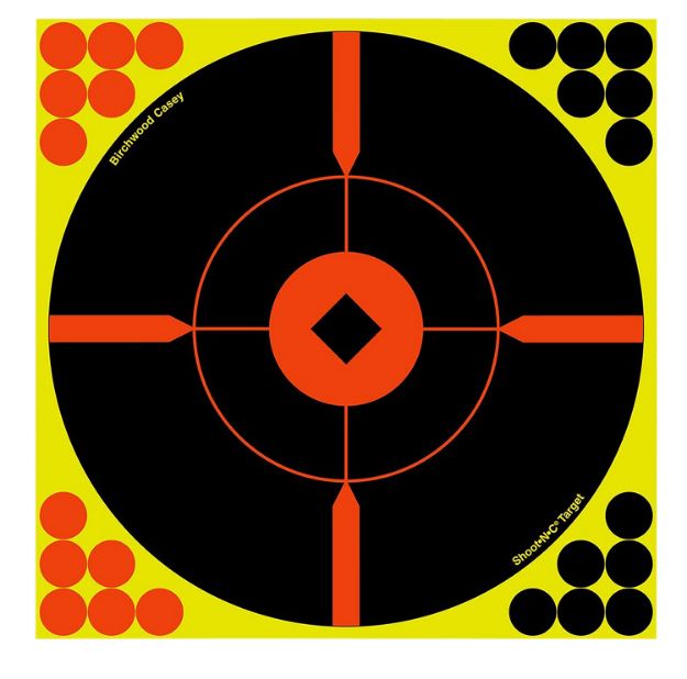 Picture of Birchwood Casey 34016 Shoot-N-C Reactive Target Self-Adhesive Paper Black/Yellow/Red 12" Bullseye 100 Pack