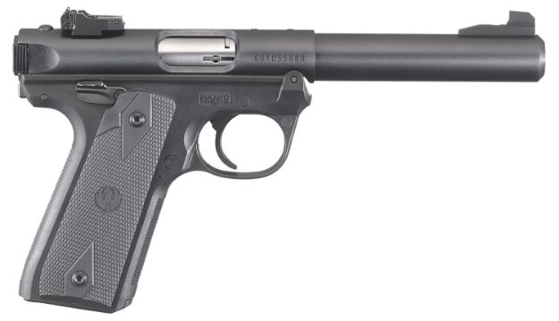 Picture of Ruger  Mark IV 22/45 22 LR 10+1, 5.50" Stainless Bull Barrel, Blued Drilled & Tapped Steel Receiver & Polymer Frame,  Black Checkered Polymer Grip Ambidextrous