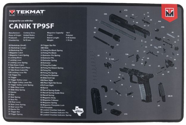 Picture of TekMat TEKR17CANIKTP9SF Canik TP9SF Cleaning Mat Black/Gray Thermoplastic Fiber Top w/Vulcanized Rubber Back 17" Long