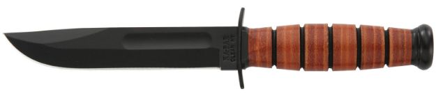 Picture of Ka-Bar 1250 Short USMC 5.25" Fixed Clip Point Plain Black 1095 Cro-Van Blade, Brown Leather Handle, Includes Sheath