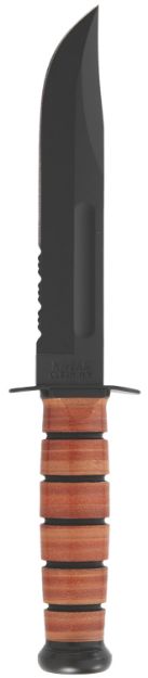 Picture of Ka-Bar 1218 USMC Fight/Utility 7" Fixed Clip Point Part Serrated Black 1095 Cro-Van Blade. Brown Leather Handle. Includes Sheath