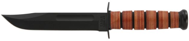 Picture of Ka-Bar 1217 USMC Fight/Utility 7" Fixed Clip Point Plain Black 1095 Cro-Van Blade. Brown Leather Handle. Includes Sheath