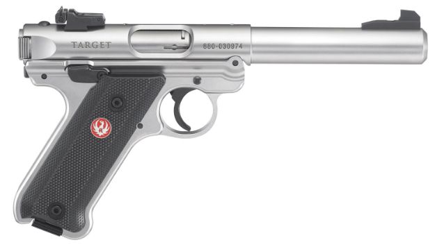 Picture of Ruger 40103 Mark IV Target 22 LR 10+1 5.50" Satin Stainless Bull Barrel, Satin Stainless Steel Slide, Stainless Steel Frame Drilled & Tapped Receiver, Black Checkered Polymer Grip, Right Hand