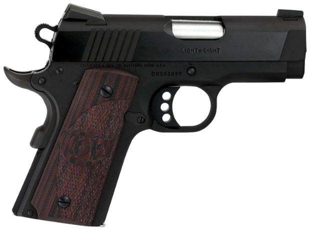 Picture of Colt Mfg O7802XE Defender  Compact Frame 9mm Luger 8+1 3" Black Steel Barrel, Blued Serrated Steel Slide, Matte Black Cerakote Aluminum Frame w/Beavertail, Black Cherry Tactical G10 Grip, Ambidextrous