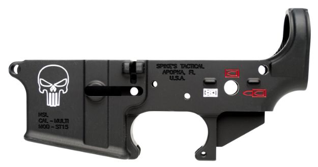 Picture of Spikes Tactical STLS015CFA Punisher Stripped Lower Receiver Multi-Caliber 7075-T6 Aluminum Black Anodized with Color Fill for AR-15