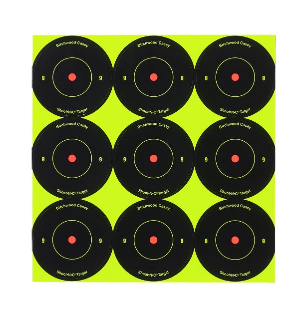 Picture of Birchwood Casey 34210 Shoot-N-C Reactive Target Self-Adhesive Paper Black/Yellow 2" Bullseye 12 Pack