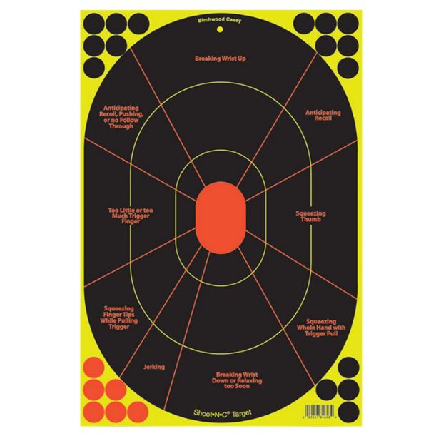 Picture of Birchwood Casey 34655 Shoot-N-C Reactive Target Self-Adhesive Paper Black/Yellow/Red 12"x18" Oval Silhouette 5 Pack