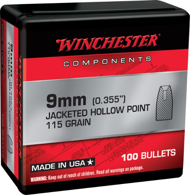 Picture of Winchester Ammo WB9JHP115X Centerfire Handgun Reloading 9mm 115gr Jacketed Hollow Point 100 Per Box/10 Case