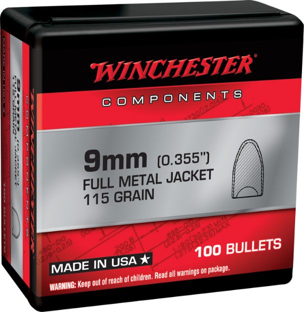 Picture of Winchester Ammo WB9MC115X Centerfire Handgun Reloading 9mm 115gr Full Metal Jacket Flat Base 100 Per Box/10 Case