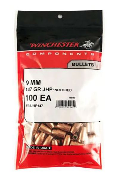 Picture of Winchester Ammo WB9JHP147D Centerfire Handgun Reloading 9mm 147gr Jacketed Hollow Point 500 Per Box/4 Case