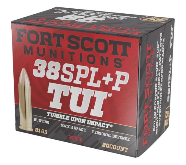 Picture of Fort Scott Munitions 38+P081SCV Tumble Upon Impact (TUI)  38Special+P 81gr Solid Copper Spun 20 Per Box/25 Case