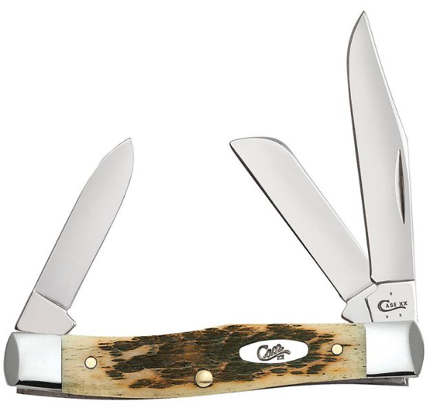 Picture of Case 00079 Stockman  Medium 2.57"/1.88"/1.76" Folding Clip/Sheepsfoot/Pen Plain Mirror Polished Chrome Vanadium Steel Blade/Peach Seed Jigged Amber Bone Handle