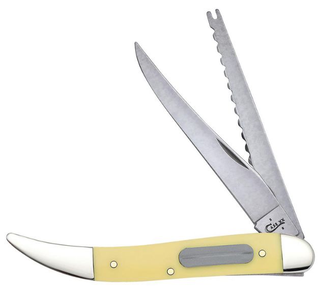 Picture of Case 00120 Fishing  3.40" Folding Clip/Fish Scaler Plain/Serrated Tumble Polish Tru-Sharp SS Blade/ Yellow Synthetic Handle