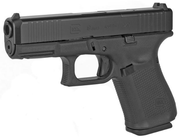 Picture of Glock  G19 Gen5 MOS 9mm Luger 4.02" 15+1 Black Black nDLC Steel with Front Serrations & MOS Cuts Slide Black Interchangeable Backstrap Grip Fixed Sights