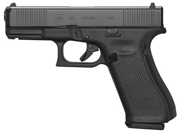 Picture of Glock  G45 Compact Crossover 9mm Luger 4.02" 17+1 Black Black nDLC Steel with Front Serrations & MOS Cuts Black Rough Texture Interchangeable Backstraps Grip Fixed Sights