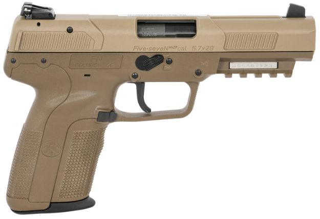 Picture of FN 3868900753 Five-seveN  5.7x28mm 20+1 4.80" Black Steel Barrel, Flat Dark Earth Serrated Steel Slide & Polymer Frame w/Picatinny Rail, FDE Textured Polymer Grip, Ambidextrous