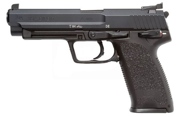 Picture of HK 81000364 USP Expert V1 SA/DA 45 ACP Caliber with 5.19" Barrel, 12+1 Capacity, Overall Black Finish, Serrated Trigger Guard Frame, Serrated Long Steel Slide & Polymer Grip Includes 2 Mags