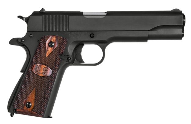 Picture of Auto-Ordnance 1911BKO9W 1911 A1 GI Spec 9mm Luger 9+1 5" Stainless Steel Barrel, Matte Black Serrated Carbon Steel Slide & Frame w/Beavertail, Checkered Wood w/Integrated US Logo Grip