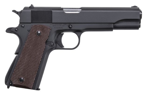 Picture of Auto-Ordnance 1911BKOMA 1911 A1 GI Spec *MA Compliant 45 ACP 7+1, 5" Stainless Steel Barrel, Matte Black Serrated Carbon Steel Slide & Frame w/Beavertail, Brown Checkered Polymer Grip