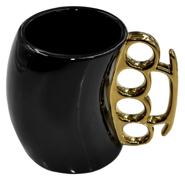 Picture of Caliber Gourmet CBGM1026 Caliber Gourmet Brass Knuckle Mug Black & Gold Ceramic Brass Knuckles