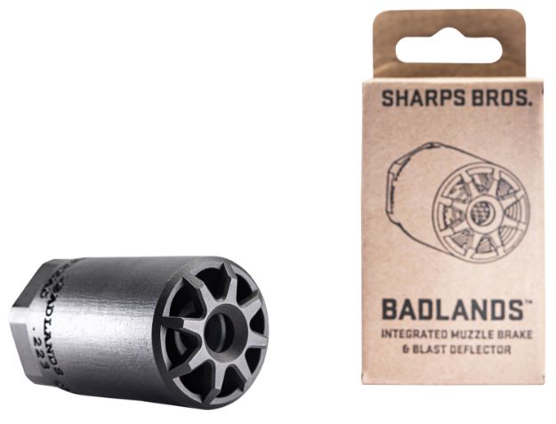 Picture of Sharps Bros BAD01 Badlands  Muzzle Brake/Blast Deflector, Heat Treated 17-4 Stainless Steel w/Nitride Finish, 1/2"-28 tpi Threads, 2.75"L, 1.50" Outside Diameter for Multi-Caliber (.223-.354)