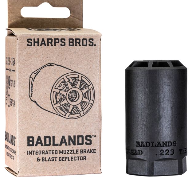 Picture of Sharps Bros BAD02 Badlands  Muzzle Brake/Blast Deflector, Heat Treated 17-4 Stainless Steel w/Nitride Finish, 5/8"-24 tpi Threads 2.75"L 1.50"D for Multi-Caliber (.223-.354) Full-Auto Rated