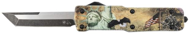 Picture of Templar Knife SZLIB221 Premium Weighted Small 3" OTF Tanto Plain Black Oxide Stonewashed Powdered D2 Steel Blade/ 4.50" Gold w/Statue of Liberty/Flag/Eagle Aluminum Zinc Alloy Handle