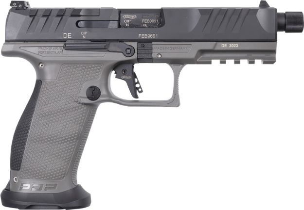 Picture of Walther Arms 2877503 PDP Pro SD 9mm Luger 18+1 5.10" Threaded Barrel, Black Optic Cut/Serrated Slide, Tungsten Gray Polymer Frame with Pic. Rail, Performance Duty Grip, Flared Magwell