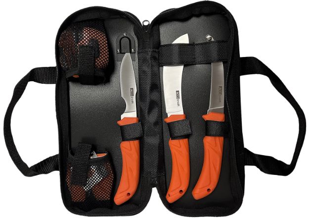 Picture of AccuSharp 738C Processing Kit  Fixed Butcher/Caping/Gutting Plain Stainless Steel Blades/Blaze Orange Non-Slip Grip 6 Piece Includes Nylon Case