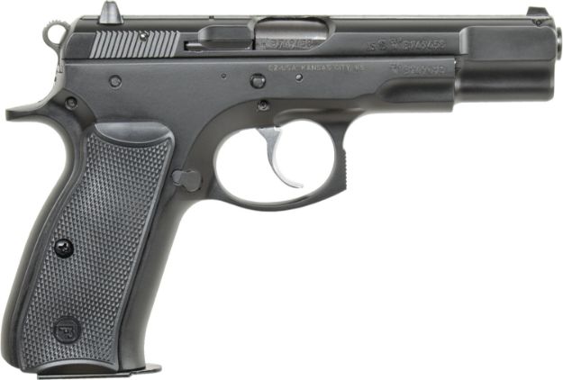 Picture of CZ-USA 01102 CZ 75 B *CA Compliant 9mm Luger 10+1 4.60" Black Steel Barrel, Black Serrated Steel Slide, Black Polycoat Steel Frame w/Beavertail, Black Plastic Grip