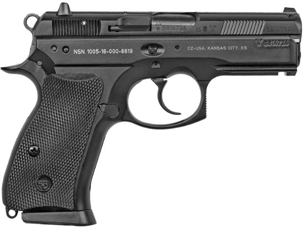 Picture of CZ-USA 01199 P-01 *CA Compliant Compact Frame 9mm Luger 10+1, 3.75" Blued Steel Barrel, Black Serrated Steel Slide, Black Polycoat Aluminum Frame w/Beavertail, Black Rubber Grip