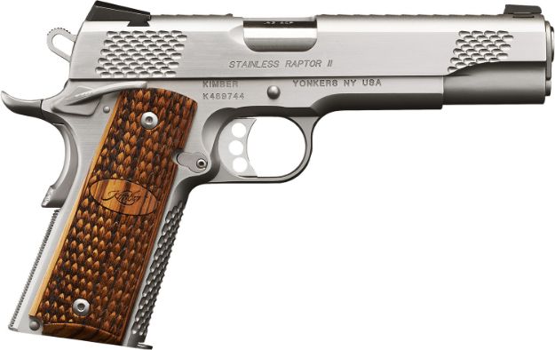 Picture of Kimber Mfg.,inc 3200386 Stainless Raptor II 10mm 8+1 5" Front Serrations Stainless Steel Slide Satin Silver w/ Brush Polished Flats Zebrawood w/ Scale Pattern and Kimber Logo Grip