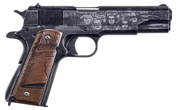 Picture of Auto-Ordnance 1911BKOC7 1911 Revolution 45 ACP  5" Barrel 7+1, Distressed Midnight Blue Cerakote, Carbon Steel Beavertail Frame, Serrated Engraved Slide, Custom Engraved Copper Grip