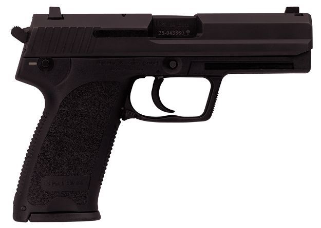 Picture of HK 81000326 USP V7 LEM 45 ACP Caliber with 4.41" Barrel, 12+1 Capacity, Overall Black Finish, Serrated Trigger Guard Frame, Serrated Steel Slide &  Polymer Grip Includes 2 Mags