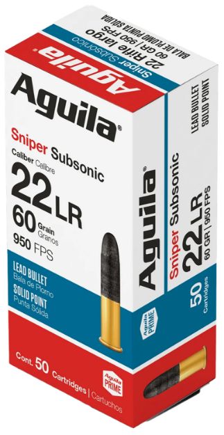 Picture of Aguila 1B220112 Sniper Subsonic Rimfire 22LR 60gr Lead Solid Point 50 Per Box/20 Case