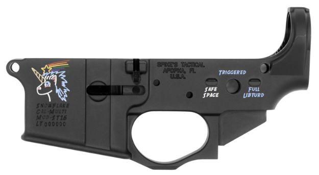 Picture of Spikes STLS030CFA Snowflake Stripped Lower Receiver Multi-Caliber 7075-T6 Aluminum Black Anodized with Color Fill for AR-15