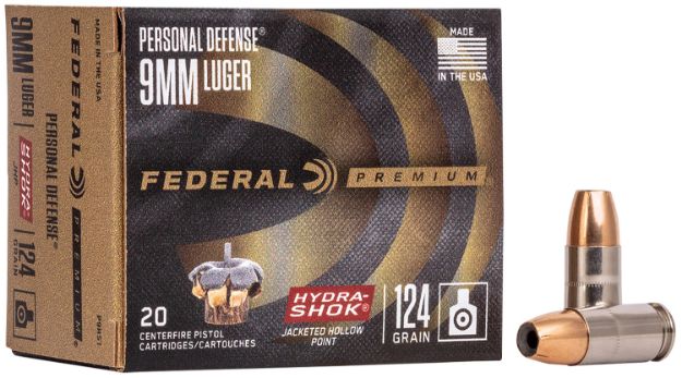 Picture of Federal P9HS1 Premium Personal Defense 9mmLuger 124gr Hydra-Shok Jacketed Hollow Point 20 Per Box/25 Case