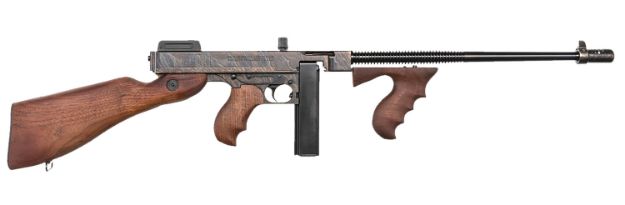 Picture of Thompson T1CH 1927A-1 Deluxe 45 ACP Caliber with 18" Barrel, 20+1 Capacity (Stick), Color Case Hardened Metal Finish, American Walnut Stock Wood Grip Right Hand