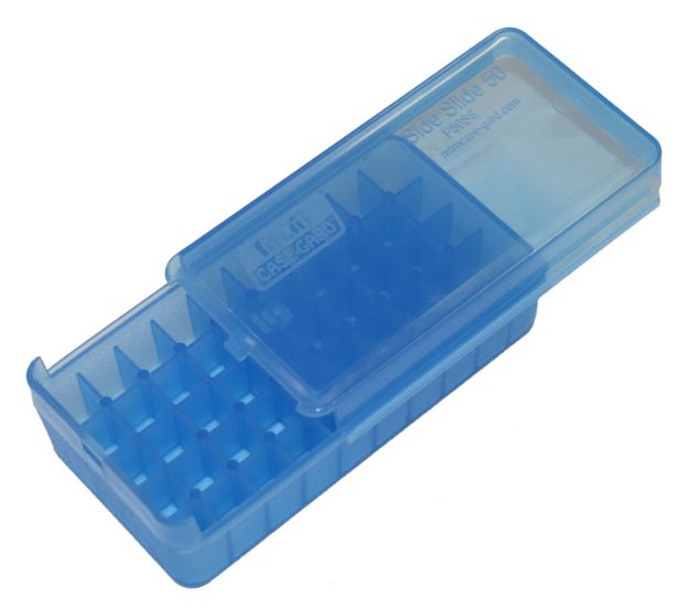 Picture of MTM Case-Gard P50SS4524 Side-Slide Ammo Box Pistol Multi-Caliber Handgun Clear Blue Plastic 50rd