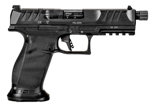 Picture of Walther Arms 2842521 PDP Pro SD 9mm Luger 18+1 5.10" Threaded Barrel, Black, Optic Cut/Serrated Slide, Polymer Frame with Pic. Rail, Performance Duty Grip, Flared Magwell