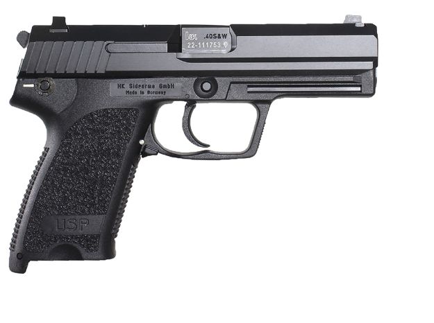 Picture of HK 81000322 USP V1 SA/DA 45 ACP Caliber with 4.41" Barrel, 12+1 Capacity, Overall Black Finish, Serrated Trigger Guard Frame, Serrated Steel Slide & Polymer Grip Includes 2 Mags