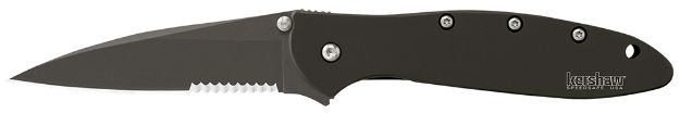 Picture of Kershaw 1660CKTST Leek  3" Folding Modified Drop Point Part Serrated Black DLC 14C28N Steel Blade Black DLC 410 Stainless Steel Handle Includes Pocket Clip