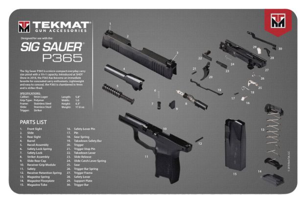 Picture of TekMat TEKR17SIG9365 Sig Sauer P365 Cleaning Mat Sig P365 Parts Diagram 11" x 17"