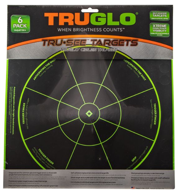 Picture of TruGlo TG15A6 Tru-See Handgun Diagnostic Self-Adhesive Heavy Paper Black/Green 12"x12" Bullseye 6 Pack