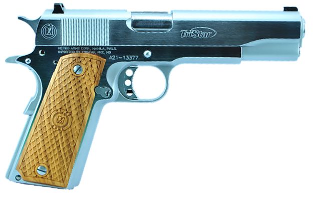 Picture of TriStar 85605 American Classic Government 1911 9mm Luger 10+1 5" Stainless Steel Barrel, Chrome Serrated Steel Slide, Chrome Steel Frame w/Beavertail, Wood Grip